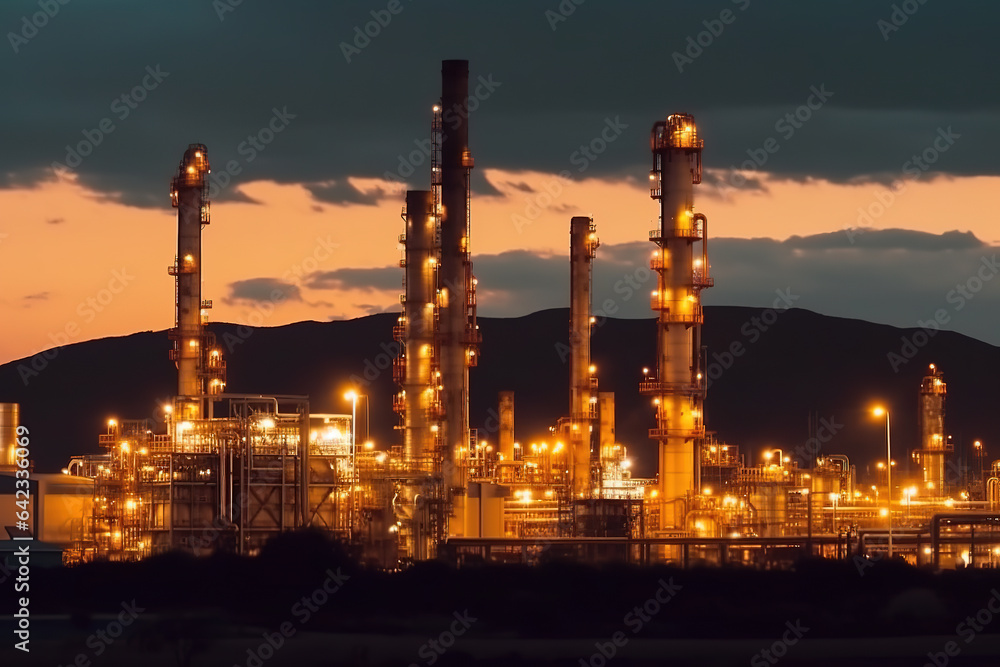 Oil refinery plant for crude oil industry on desert in evening twilight, energy industrial machine for petroleum gas production background. Generative AI