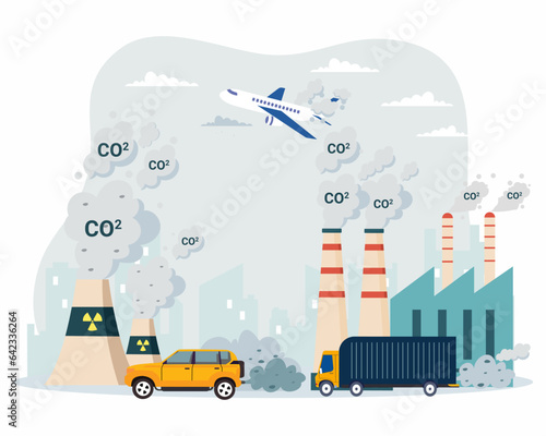 CO2 carbon dioxide emissions global air pollution with chemical and factory industry caused toxic gases.