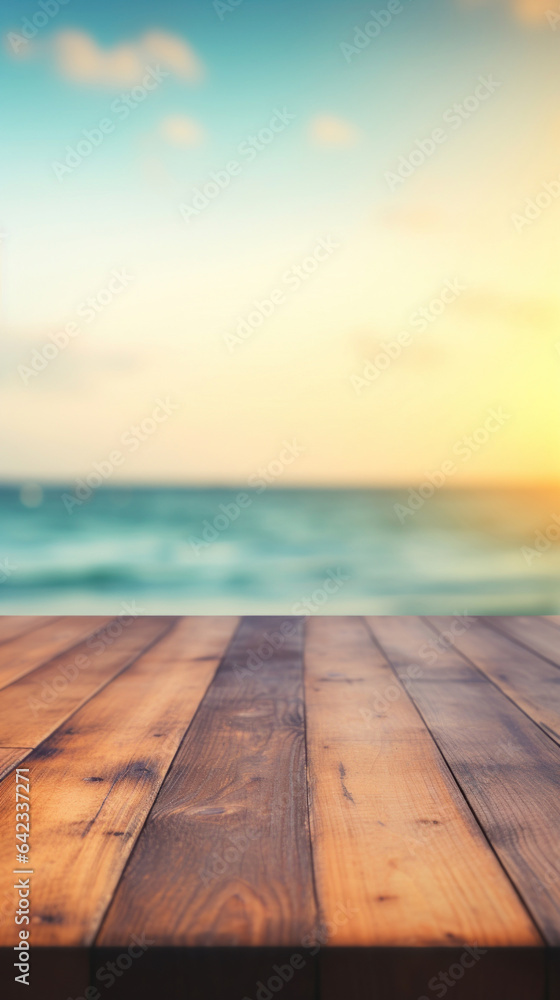 Empty wooden table top with bokeh on blur beach background - obrazy, fototapety, plakaty 