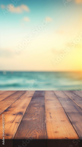 Empty wooden table top with bokeh on blur beach background