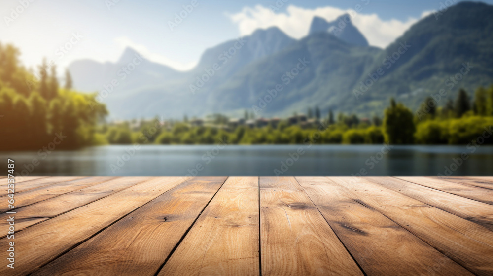 Blank wood tabletop with blurred background of river and mountain Blank wood tabletop with blurred background of river and mountain