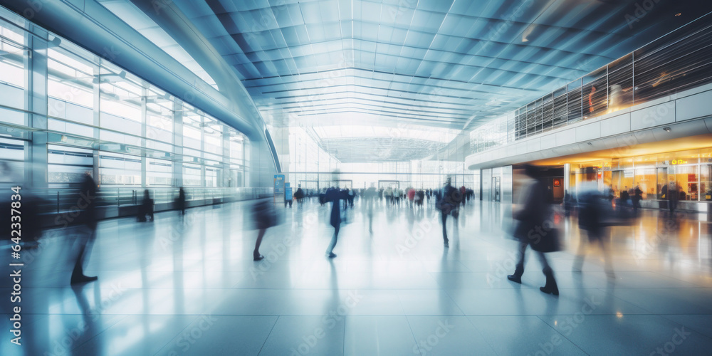 Blurred background of a modern airport . Abstract motion blurred people Blurred background of a modern airport . Abstract motion blurred people