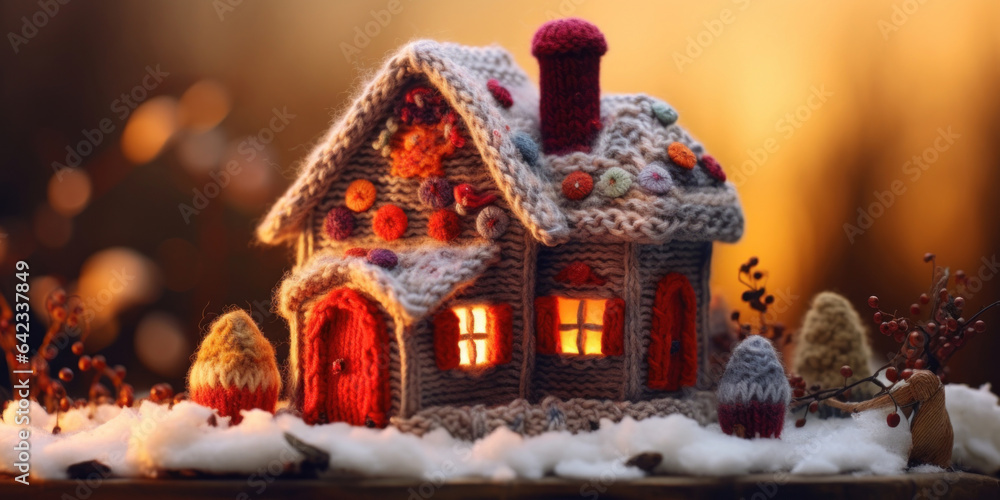 Charming knitted hand-made house: a cozy abode on a blurry winter background Charming knitted hand-made house: a cozy abode on a blurry winter background