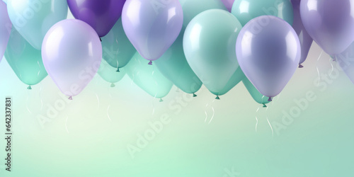 Background with blue, silver, purple, green, white balloons