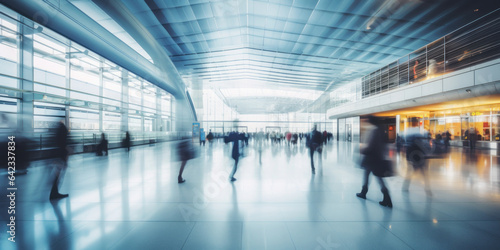 Blurred background of a modern airport . Abstract motion blurred people