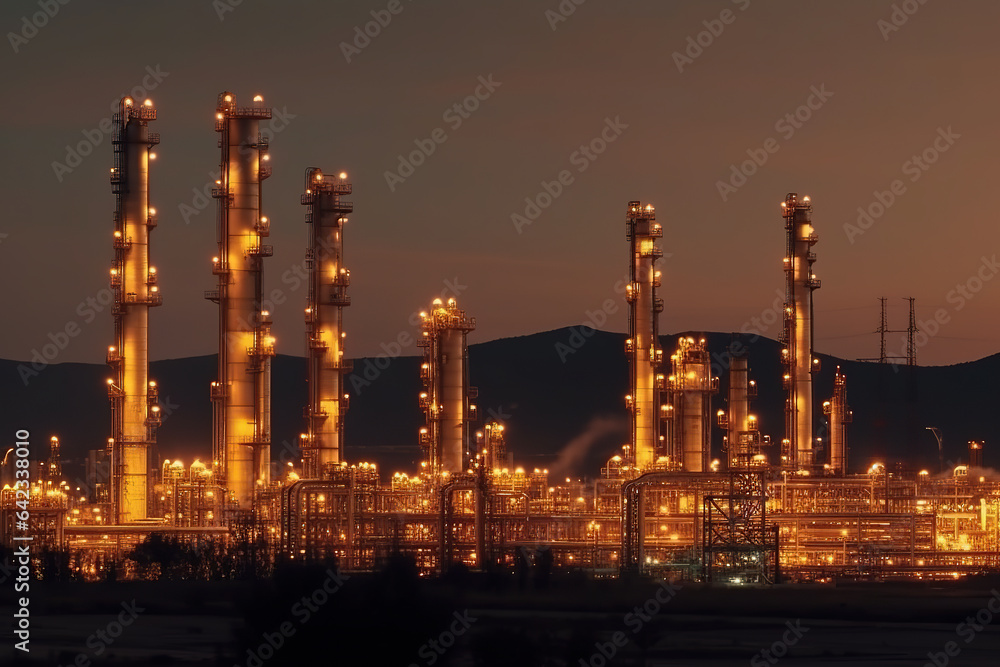 Fototapeta premium Oil refinery plant for crude oil industry on desert in evening twilight, energy industrial machine for petroleum gas production background. Generative AI