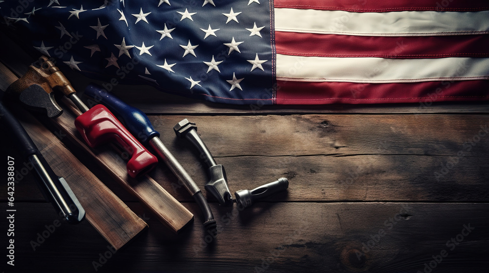 Construction tools with the flag of the United States of America on a wooden background with copyspace - obrazy, fototapety, plakaty 