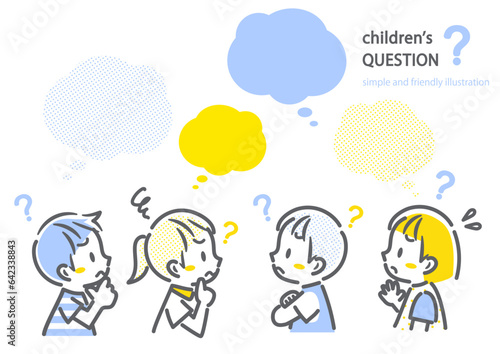 悩む子どもたち　シンプルでかわいい線画イラスト