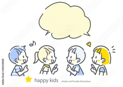 笑顔で指さす子どもたち　シンプルでかわいい線画イラスト