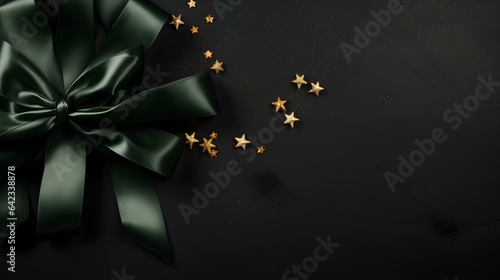 Dark green Gift Ribbon with a Bow in front of a dark Background. Festive Template for Holidays and Celebrations 