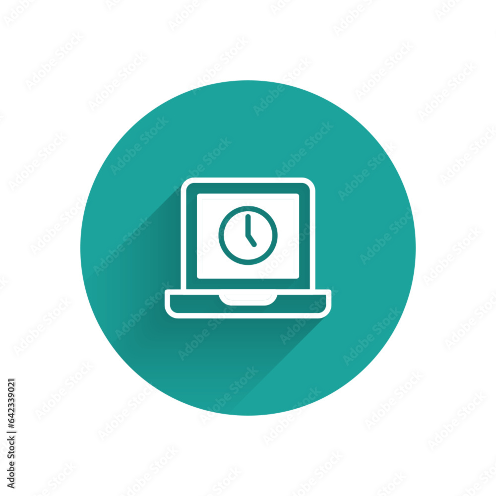White Laptop time icon isolated with long shadow. Computer notebook with empty screen sign. Green circle button. Vector White Laptop time icon isolated with long shadow. Computer notebook with empty screen sign. Green circle button. Vector