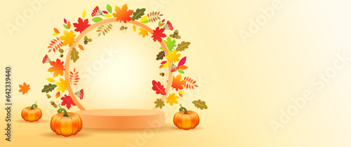 Autumn empty minimal display podium pedestal decoration background with colored autumn leaves. Vector background template for fall banner design
