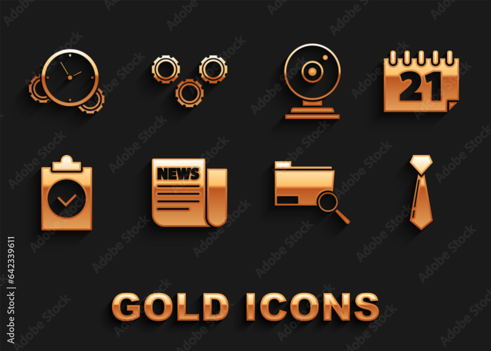 Set News, Calendar, Tie, Search concept with folder, Completed task, Web camera, Time Management and Gear icon. Vector Set News, Calendar, Tie, Search concept with folder, Completed task, Web camera, Time Management and Gear icon. Vector