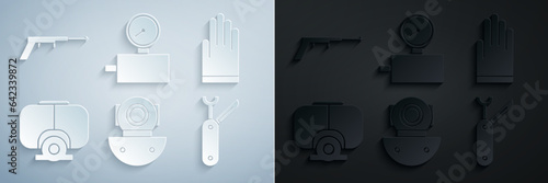 Set Aqualung, Gloves, Diving mask, Swiss army knife, Gauge scale and Fishing harpoon icon. Vector