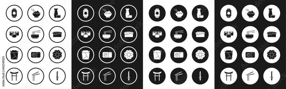 Set Traditional Japanese tea ceremony, Asian noodles in bowl and chopsticks, Sushi, paper lantern, Rice with, Flower and Rstaurant opened take out box filled icon. Vector