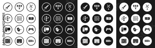Set Wind turbine, Binary code, DNA symbol, Rocket ship with fire, Video graphic card, Server, Data, Web Hosting, Gamepad and Computer monitor icon. Vector