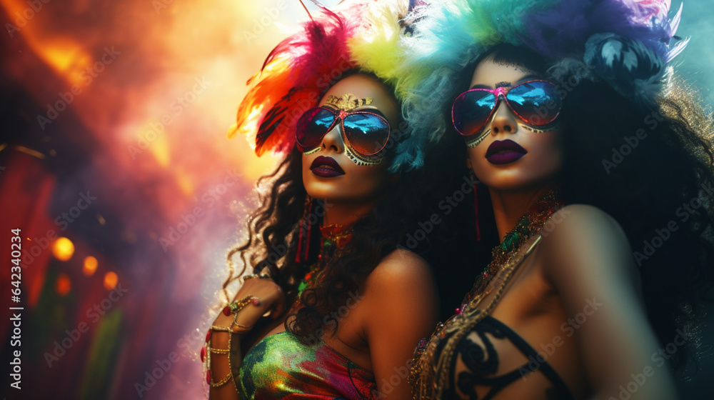 Obraz premium Beautiful women wearing fashion masquerade costumes on magic background. Halloween wallpaper design. Generative AI