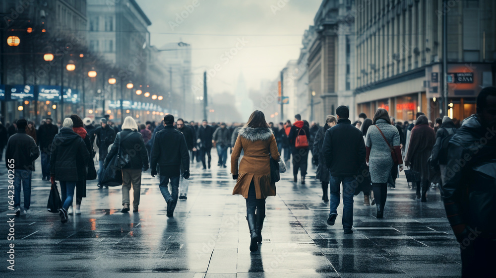 crowd of people at rush hour on an autumn cloudy day. Generative Ai