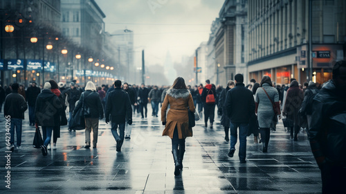 crowd of people at rush hour on an autumn cloudy day. Generative Ai © PETR BABKIN