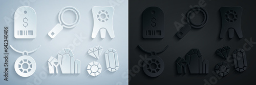 Set Gem stone, Tooth with diamond, Pendant necklace, Magnifying glass and Price tag dollar icon. Vector