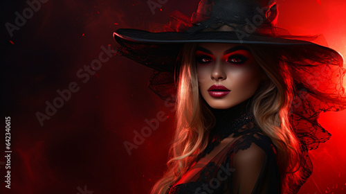 Beautiful woman in witch hat on magic red colored smoke background. Halloween wallpaper design. Generative AI