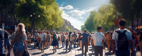 a crowd of anonymous people walking along a busy city street with bright sunlight. Generative Ai