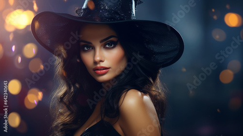 Beautiful woman in witch hat on magic gold bokeh background. Halloween wallpaper design. Generative AI