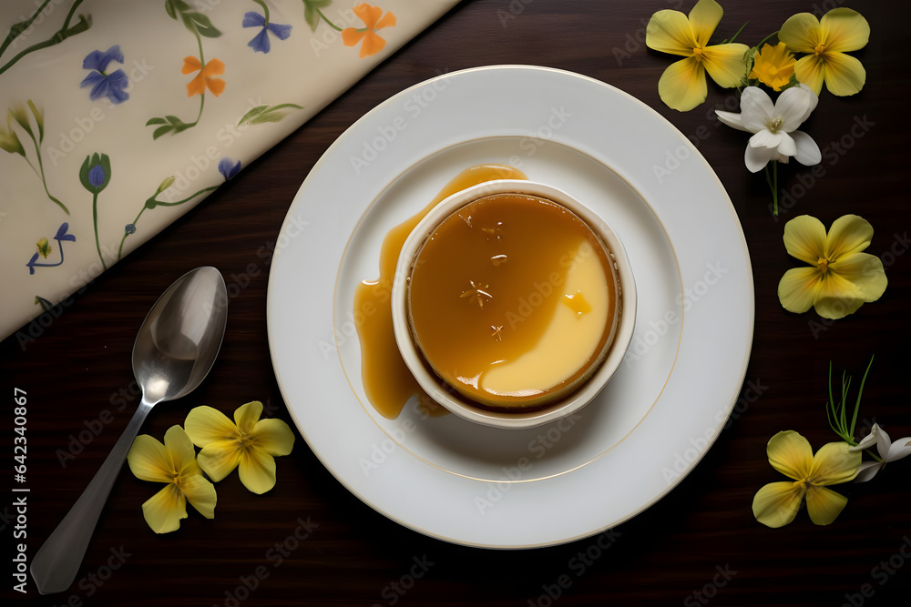 Creamy flan, caramel infused dessert served in a dish, top down