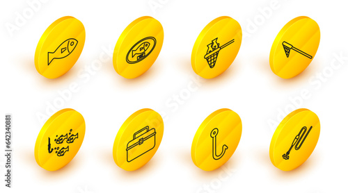 Set line Fishing line with hook and float, Case or box container for wobbler gear fishing equipment, under water, net, trophy hanging the board and icon. Vector