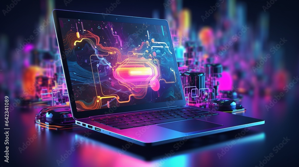 futuristic laptop technology in neon colors - ideal for cover designs, wallpapers, and modern projects - obrazy, fototapety, plakaty 