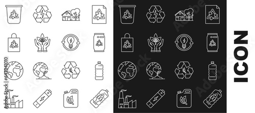 Set line Stop ocean plastic pollution, Can with recycle symbol and can, Eco friendly house, Plant in hand of environmental protection, bag, Recycle bin and light bulb lightning icon. Vector