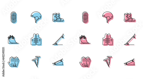 Set line Gloves, Pegs for tents, Climber rope, Skateboard on street ramp, Life jacket, Bicycle and Helmet icon. Vector