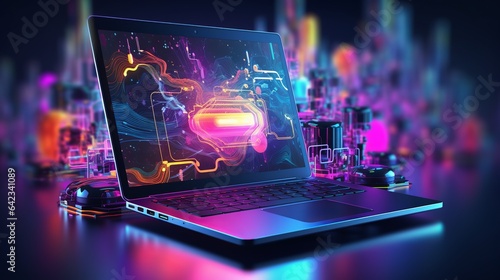 futuristic laptop technology in neon colors - ideal for cover designs, wallpapers, and modern projects