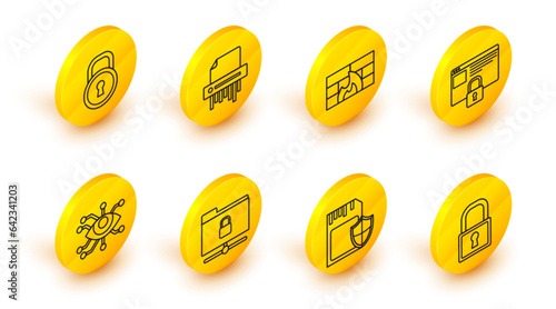 Set line Lock, SD card and shield, FTP folder lock, Eye scan, Secure your site with HTTPS, SSL, Firewall, security wall, Paper shredder confidential and icon. Vector