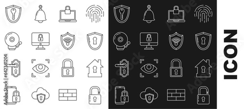 Set line Open padlock, House under protection, Shield with keyhole, Laptop and, Lock computer monitor screen, Ringing alarm bell, and WiFi wireless internet network icon. Vector