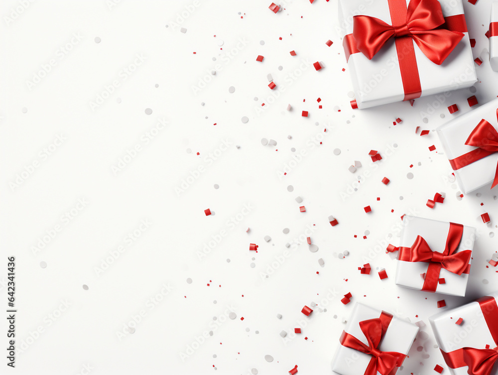 white Christmas background for scrapbooking and postcards, New Year gifts with red ribbons on the right white Christmas background for scrapbooking and postcards, New Year gifts with red ribbons on the right