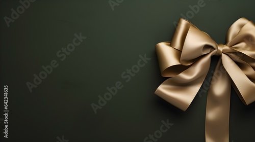 Khaki Gift Ribbon with a Bow in front of a dark Background. Festive Template for Holidays and Celebrations 