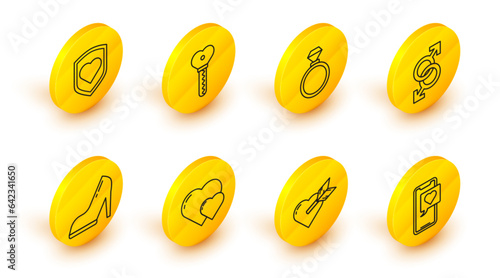 Set line Smartphone with heart speech bubble, Amour and arrow, Heart, Woman shoe high heel, Male gender symbol, Wedding rings, Key shape and shield icon. Vector