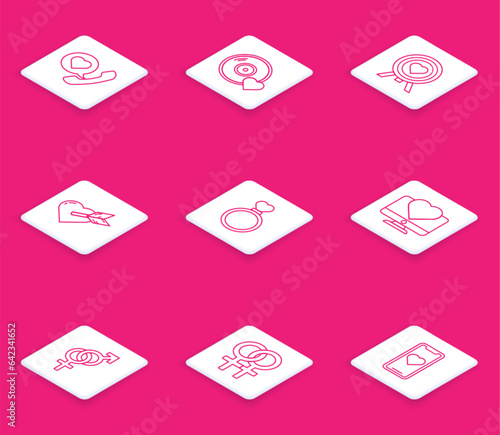 Set line Telephone with heart speech bubble, Romantic music, Heart in the center of darts target aim, Amour and arrow, Wedding rings, Computer monitor, Gender and Female gender symbol icon. Vector