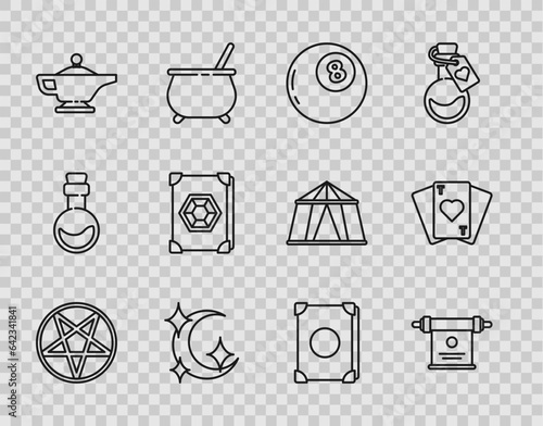 Set line Pentagram in a circle, Magic scroll, ball of predictions, Moon and stars, lamp or Aladdin, Ancient magic book, and Playing cards icon. Vector