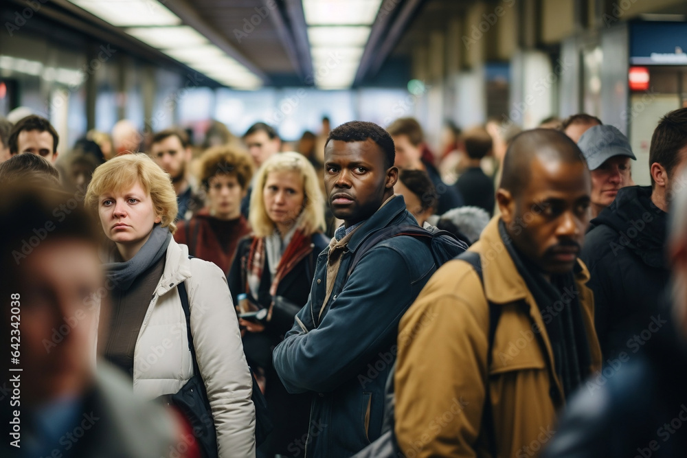 Diverse people in a crowded metro during rush hour after work, sad and tired Diverse people in a crowded metro during rush hour after work, sad and tired