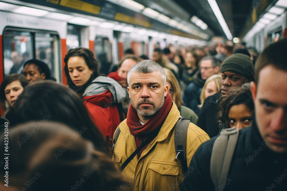 People in a crowded metro during rush hour after work, sad and tired