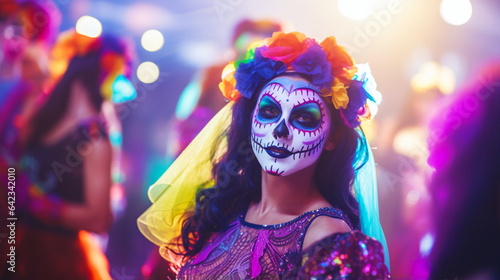 Festive banner with halloween party. Woman with scary skeleton makeup and wearing carnival costume dance in night club background. Mexican death day. Generative AI