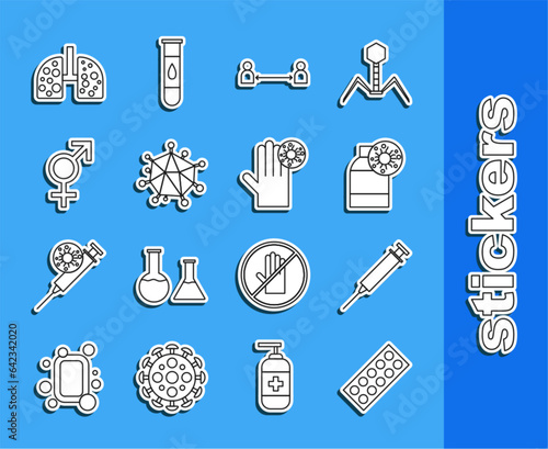 Set line Pills in blister pack, Syringe, Bottle with virus, Safe distance, Virus, Gender, cells lung and Hand icon. Vector
