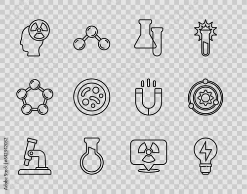 Set line Microscope, Light bulb with lightning, Test tube and flask, Head radiation symbol, Bacteria, Radioactive location and Solar system icon. Vector