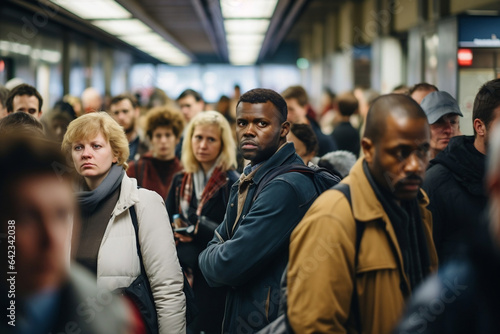 Diverse people in a crowded metro during rush hour after work, sad and tired © David