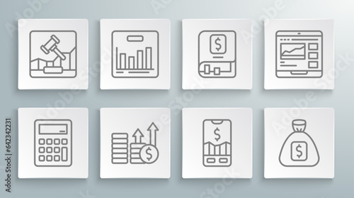 Set line Calculator, Pie chart infographic, Financial growth and dollar, Mobile stock trading, Money bag, book, Trading courses and Online internet auction icon. Vector