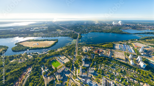 Lipetsk, Russia. City view in summer. Smoke from a metallurgical plant. Sunny day. Aerial view