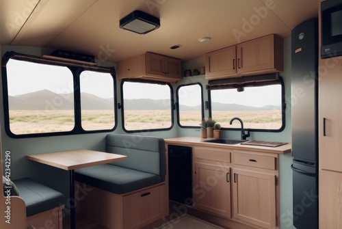 Interior of travel camping van or camper RV with stove and sink. Vanlife lifestyle vibes, cooking on campsite during road trip with amazing view of mountains. Life on the road in converted van