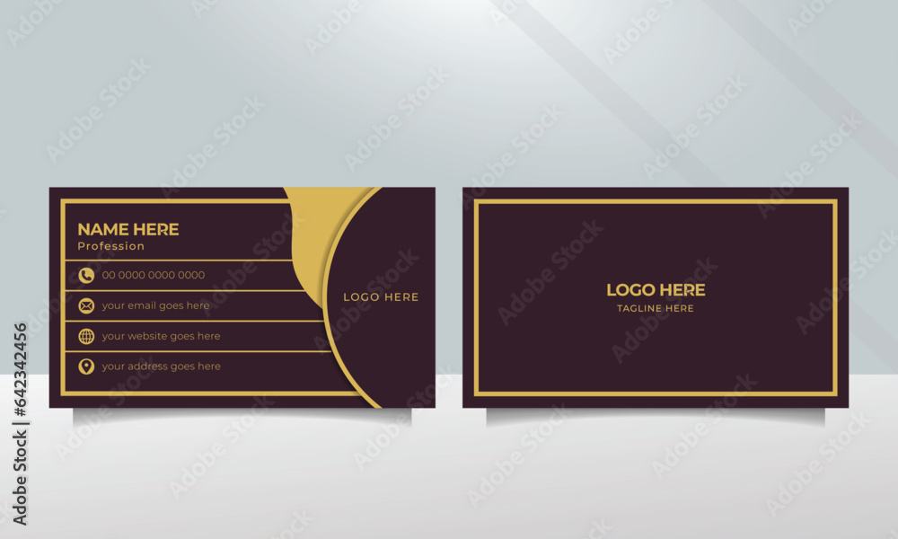 Elegant and lavish dark maroon name card design with gold print